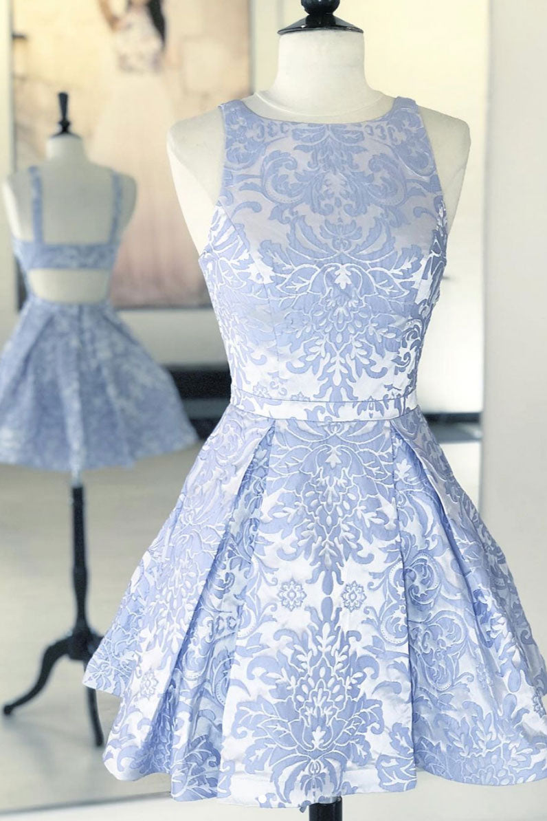 Blue lace short prom dress, blue lace ...